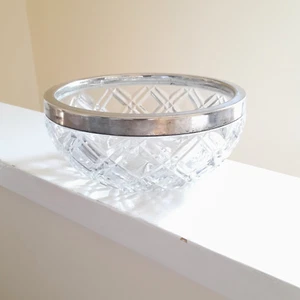 30s Vintage Crystal Cut Glass Diamond Faceted Fruit Bowl with Silver Plated Rim - Picture 1 of 10