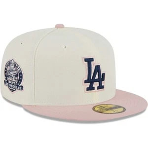 New Era Los Angeles Dodgers Cream & Pink 5950 Hat 60th Patch Size 7 3/4 Navy UV - Picture 1 of 5