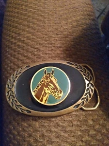 Vintage Solid Brass Green Western Horse Head  Enamel Equestrian Belt Buckle RARE - Picture 1 of 6