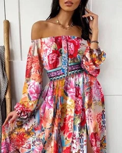 Floral Printed Off Shoulder Long Sleeve Evening Dress-Multicolor-Pink - Picture 1 of 5