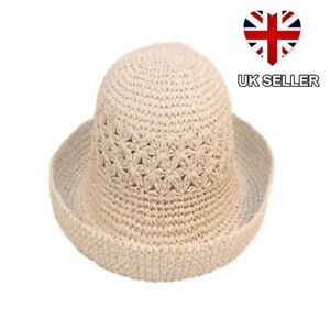 NEW LADIES STRAW STYLE CRUSHABLE SUMMER SUN HAT TURN UP BRIM 2 COLOURS UK SELLER