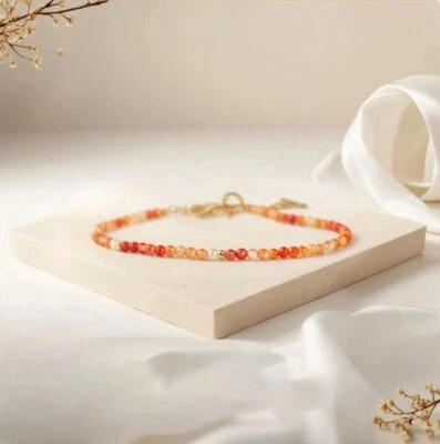 Carnelian Crystal Gemstone Dainty Bracelet Minimalist Healing 2mm Round Beads - Image 1 of 2