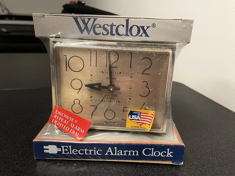 NOS Vintage Westclox Dunmar Drowse Dialite Alarm Clock MCM #22194 Teak/Woodgrain Cover