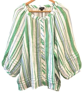 NWT Talbots Plus 3X Green White Striped Button Front Gauze Blouse Resortwear - Picture 1 of 5