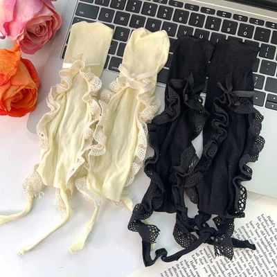 1 par de calcetín transparente de malla con volantes finos con pajarita de encaje para mujer Foto 1 de 4