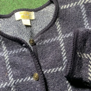 Maglione donna vintage XL Tally-Ho blu a quadri 100% lana cardigan con bottoni - Foto 1 di 12
