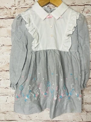 Vintage Baby Dress Gray Gingham Pink Blue White Embroidery Patti Doll Sz 3T - Image 1 of 4