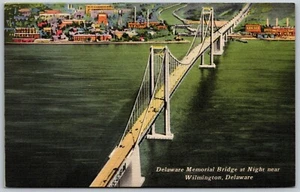 Postal de colección Wilmington DE Delaware Memorial Bridge at Night años 40 vista sin usar - Imagen 1 de 2