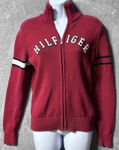 Tommy Hilfiger Zip Sweater Damen Small Rot Varsity Chenille Logo Preppy Y2K - Bild 1 von 9