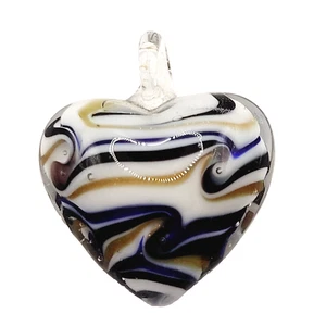 Blown Glass Heart Shaped Pendant Blue Gold White Bubbles and Murano Style Swirl - Picture 1 of 19
