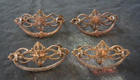 SET 4 ANTIQUE 19TH C DRESSER DRAWER CAST BRASS BACK PLATES & PULLS  (8C) Cover
