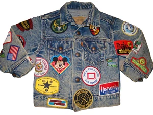 Vtg Little Levis Child's Size 5 Orange Tab Blue Denim Trucker Jacket 37 Patches - Picture 1 of 21