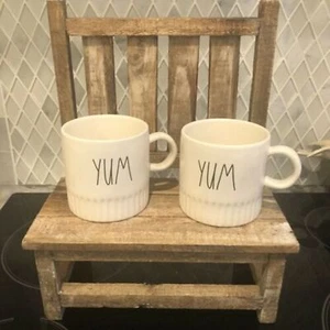 Rae Dunn YUM Mugs (2) 2019 Pleated Ribbed White Matte Farmhouse LL VHTF NEW - Picture 1 of 4