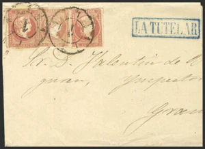 Madrid. Historia Postal. SOBRE 48(3). 1856. 4 cuartos rojo, tres sellos. MADRI - Imagen 1 de 1
