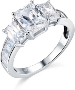 4,80 ct Smaragd & Baguette 3 Drei Steine Verlobungsring massiv 14 K Weißgold - Bild 1 von 2