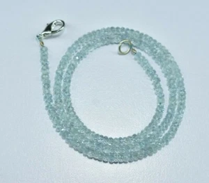 Natural Aquamarine Rondelle Gemstone Faceted Beaded Necklace 925 Sterling Silver - Picture 1 of 7