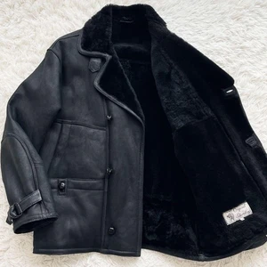 Real sheepskin mouton jacket with covered buttons, black men's size L from Japan - Picture 1 of 24