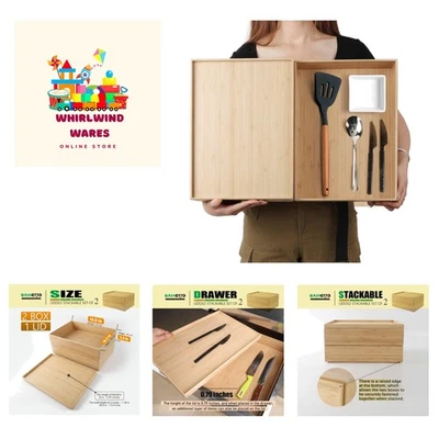 Elegant Stackable Bamboo Drawer Organizer Set – 2 Boxes with Lid - 14.6" x 10.2" - Image 1 of 4