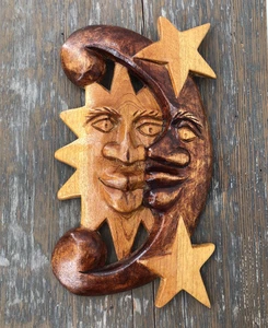 Handgeschnitzte Holz Himmlische Sonne Mond Sterne Wandbehang Plakette Skulptur - Bild 1 von 6
