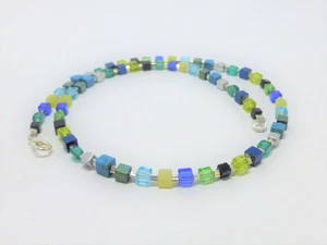 Halskette Würfel Stein Glas 4mm Blau Grün Silber UNIKAT - Bild 1 von 8
