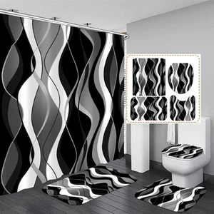 4 Pcs Black and White Striped Shower Curtain Set Black and Grey Bathroom Sets... - Picture 1 of 7
