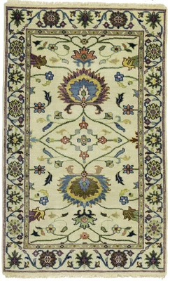 Handmade Cream Floral Design Oushak Chobi Rug 3X5 Small Size Oriental Carpet - Image 1 of 4