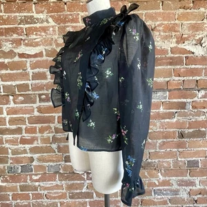 H&M Ruffle-trimmed Chiffon Blouse Women’s 12 Sheer Black Long Sleeve Floral - Picture 1 of 11