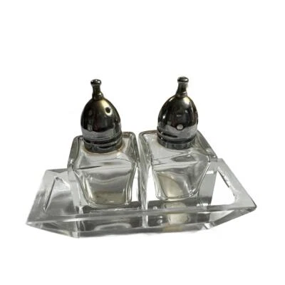 Vintage Viking Glass Crystal Clear w/ Chrome Salt & Pepper Shakers & Tray Japan - Image 1 of 3