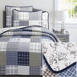 KIDS JURASSIC DINO 2pc Twin QUILT SET : COTTON BLUE WHITE PLAID REX DINOSAUR - Picture 1 of 10