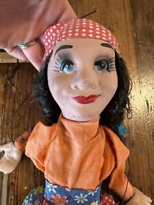 Vintage Mexican string puppet marionette woman with pigtails