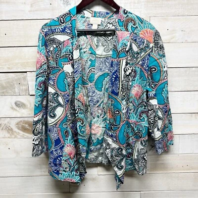 Chicos Linen Jacket Womens 3 US XL Blue Paisley Open Front 3/4 Sleeves - Image 1 of 4
