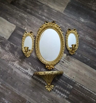 Vtg Burwood Ribbons Bows Wall Mirror Sconces Shelf Set Gold Plastic MCM Home Int - Image 1 of 4