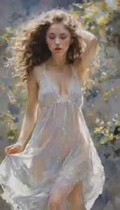 Girl Woman in a White Dress Springtime Flowers Oil Poster CANVAS Print 18 x 24 C - Picture 1 of 3