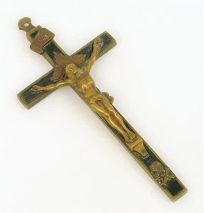 ANTIQUE HEAVY BRASS RELIGIOUS CRUCIFIX CROSS SKULL CROSSBONES INRI QUALITY LARGE - Picture 1 of 2