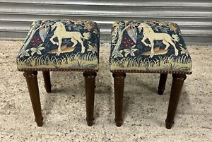 Gorgeous Pair Of Vintage Stools Upholstered In King Arthur Unicorn Tapestry