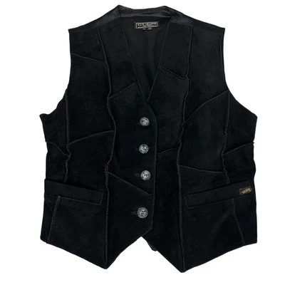 Guess черная замша лоскутное одеяло кнопка спереди мотоциклиста Y2K жилет M - Изображение 1 из 4