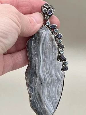 Vintage Large Druzy Amethyst Aqua Marine Stones Sterling Silver Pendant 5”x1.75” - Image 1 of 4