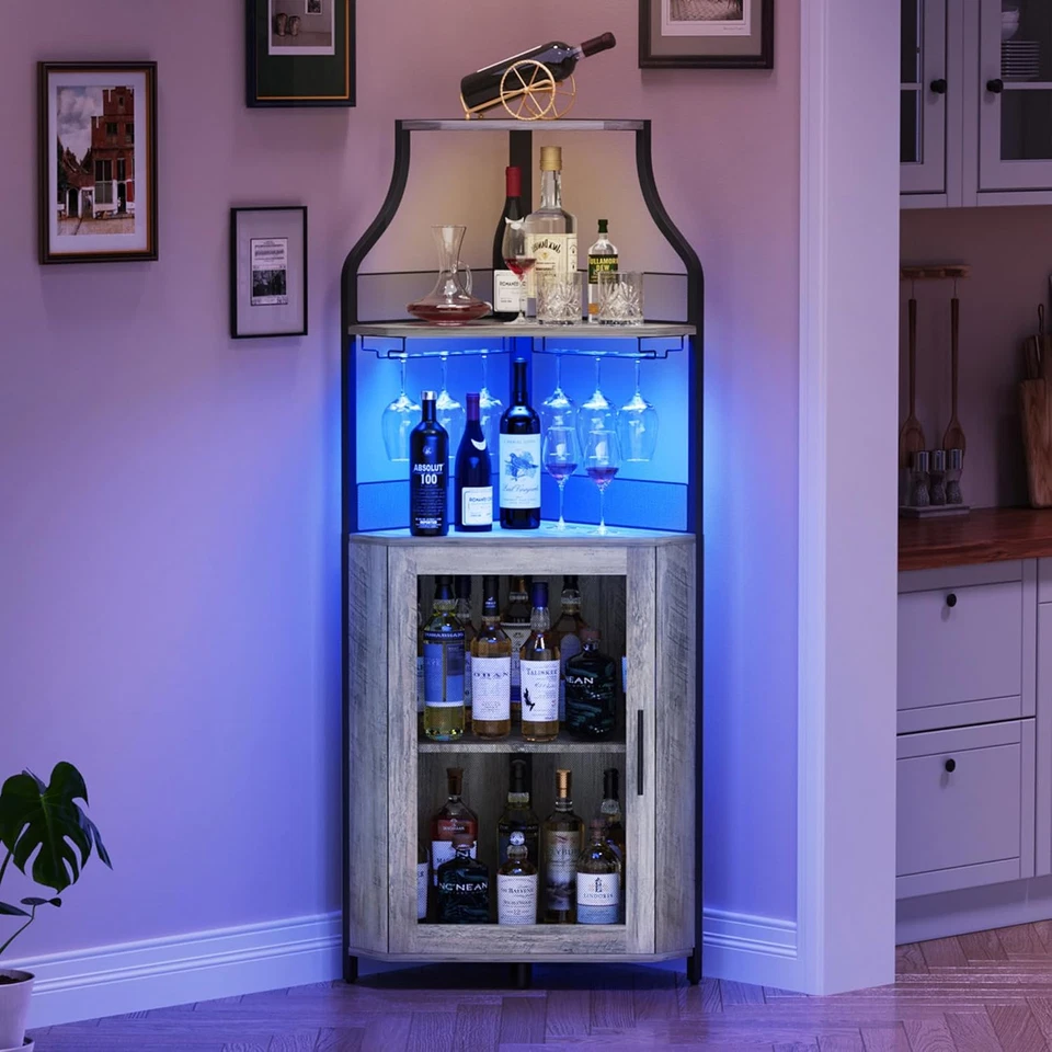 Mueble Bar Esquinero con Tira LED y Soporte para Vidrio, Armario para Vinos Industrial con Foto 1 de 4