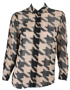 Blusa AKRIS PUNTO Negra y Marrón Estampado Pata de Gallo Crepé Botón Delantero 6 - Imagen 1 de 8