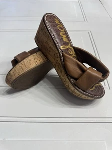 Sam Edelman Ramsey Sandals Womens US 8.5M Platform Camel Leather Cork Wedge High - Picture 1 of 6