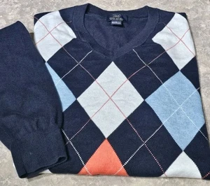 346 BROOKS BROTHERS-Navy Cttn/Cashmere, Mens Argyle Knit V.Neck Sweater-(L) - Picture 1 of 4