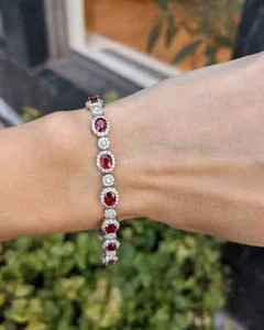 10.56 Ct Natural Ruby & Diamond Genuine Tennis Bracelet Solid 14K White Gold 7" - Picture 1 of 10