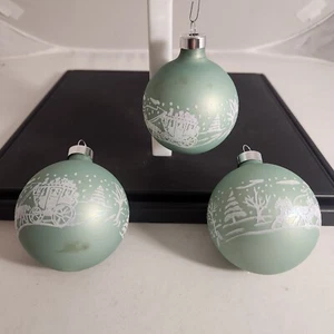 Glass Christmas Ornaments Mint Green Glitter Snow Carriage Ride Scene Set Of 3 - Picture 1 of 11