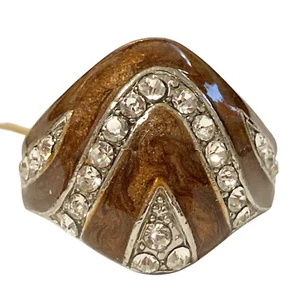 Vintage Brown Enamel Swirl Crystal Cocktail Ring Art Deco Silver Plated Size 9 - Picture 1 of 10
