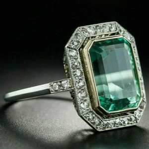 4 Carat Emerald Cut Green Diamond Halo Engagement Ring 14k Two Tone Gold Finish - Picture 1 of 7