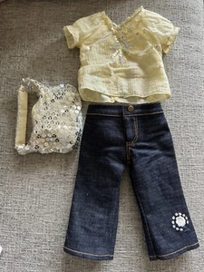 Carpatina Doll Blue Denim Jeans Pants & Iridescent Sequins Yellow Shirt Purse - Picture 1 of 5
