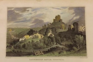 1800S IMPRESIÓN COLOREADA A MANO CASTILLO LAUNCESTON CORNWALL 20CMS POR 14CMS P2154 - Imagen 1 de 3