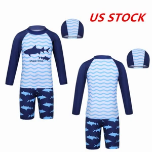 US Kids Boys Tankini Swimsuits Rash Guard Striped Printed Swim Shirts Cap Set - Picture 1 of 7