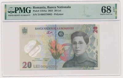 ROMANIA banknote 20 Lei 2021 PMG grade MS 68 EPQ Superb Gem Unc - Image 1 of 2