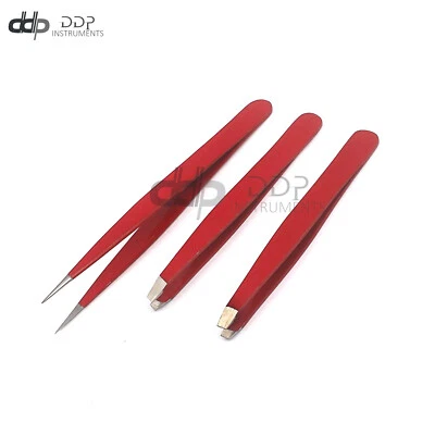 Eyebrow Tweezers Set 3 Pcs Eyebrow With Slant Straight & Pointed Tips (RED) Foto 1 de 3